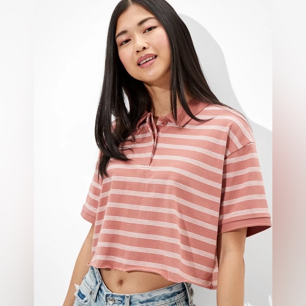 American Eagle Salmon Pink and White Striped Cropped Polo Shirt